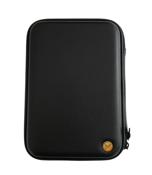 A black colored Mus'haf case with black trim, featuring a two-way zip fastening and a gold logo on the bottom right.